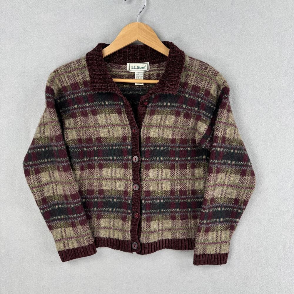 Vintage LL Bean Sweater Cardigan Womens Small Multicolor Plaid Wool Blend Collar